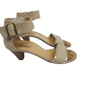 PAUL GREEN Heels Sandals Ankle Strap Cream Beige & Gold trim Suede Leather Sz 8